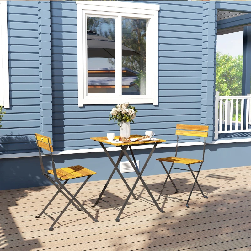 Outsunny 3-delige zitgroep voor 2 personen met opvouwbare tafel en 2 stoelen, geschikt voor balkon of terras, teak