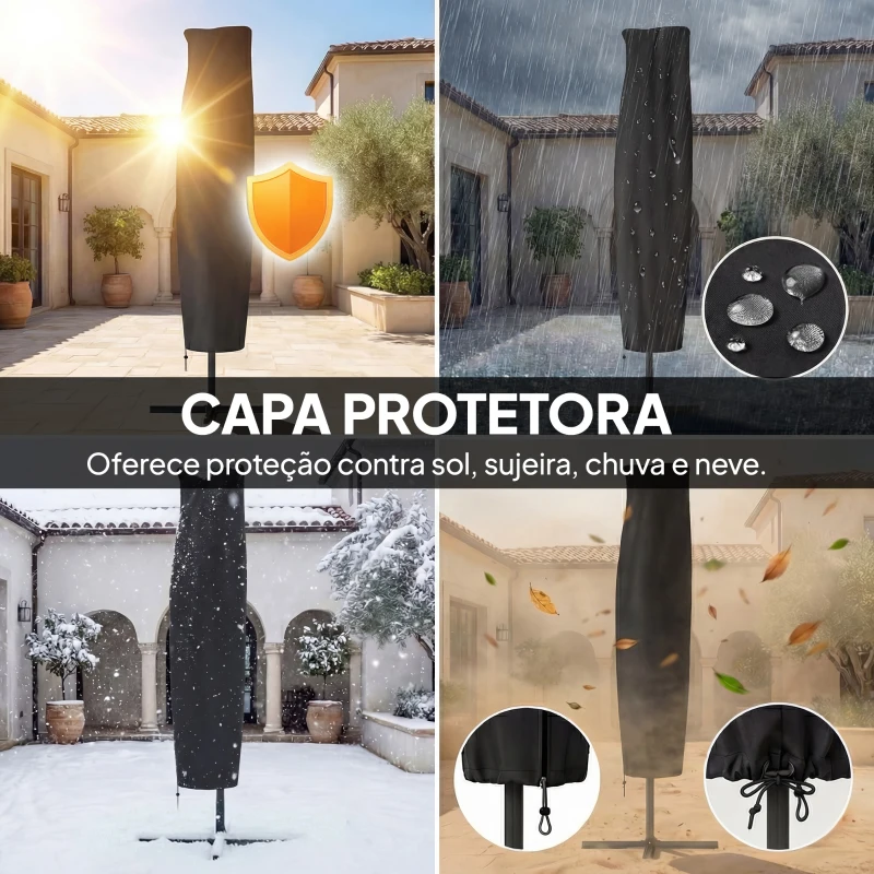 Outsunny Chapéu de Sol Excêntrico com Luzes LED Solares Ø345 cm Base Cruzada Manivela Capa Protetora Azul