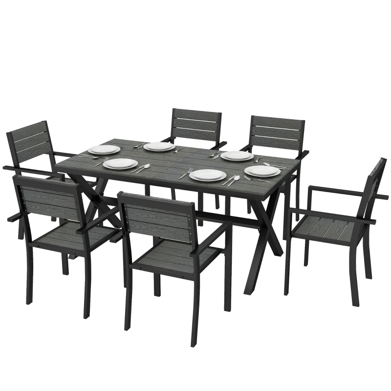 Outsunny Set de Masă pentru Exterior 7 Piese pentru 6 Persoane, Masă și Scaune Stivuite cu Lamele Efect Lemn, Cadru din Aluminiu, Gri