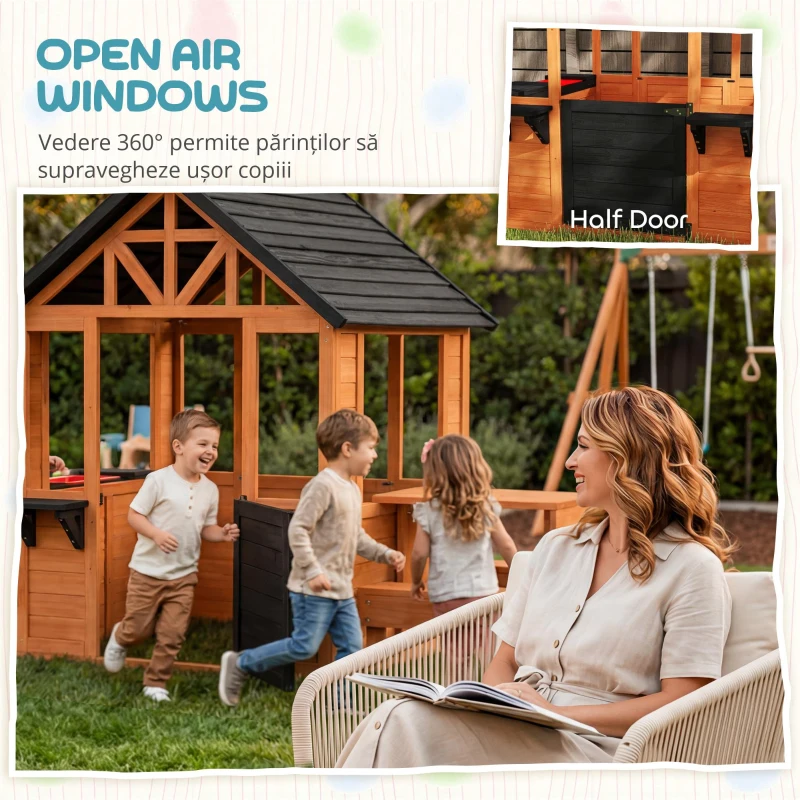 AIYAPLAY Casă de joacă pentru exterior din lemn cu masă bănci stație de spălat fereastră ușă suport ghiveci pentru 3-8 ani maro deschis