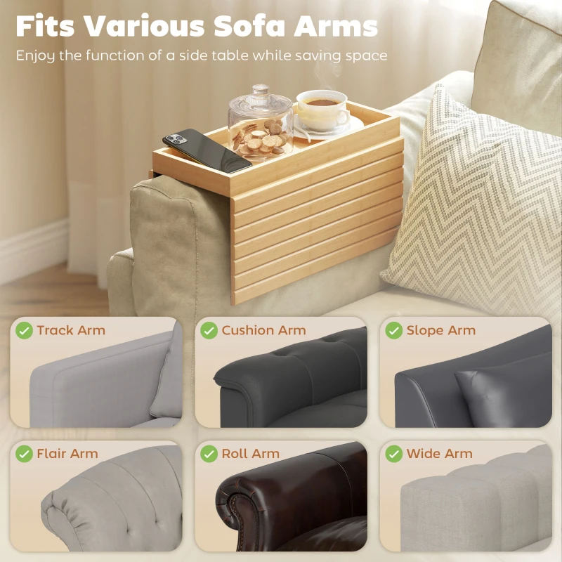 HOMCOM Tavă pentru Brațul Canapelei din Lemn de Bambus, Tăviță Flexibilă cu Tavă, Culoare Lemn