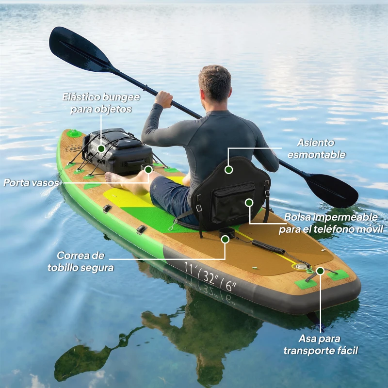 Outsunny Tabla Paddle Surf Hinchable SUP Extra Largo de 335 cm con Asiento Remo Convertible Aletas Bomba y Mochila Carga 180 kg