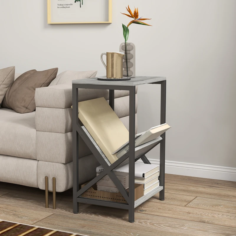HOMCOM Masă laterală îngustă, măsuță de lângă canapea cu depozitare pe 3 nivele, suport pentru reviste în V, cadru din oțel, 40x30x61cm, gri închis