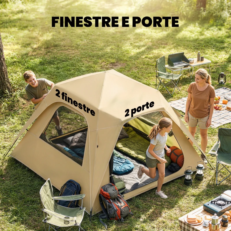 Outsunny Tenda Pop-Up per 3-4 Persone con Finestre in Rete e Borsa, 240x240x160 cm, Cachi