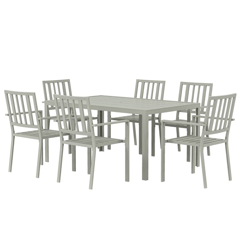 Outsunny Garden Table and Chairs for 6, 7 Pieces Garden Furniture Set with Table, 6 Stackable Chairs and Umbrella Hole Light Grey