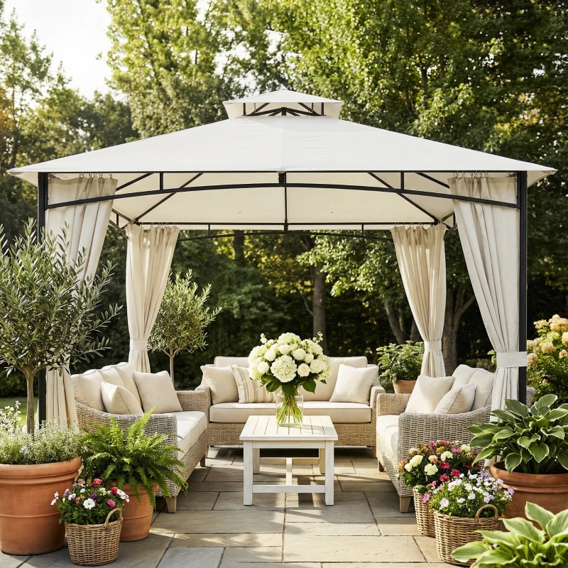 Outsunny Tonnelle de Jardin Extérieur Cadre de Toit Rétractable et Double Toit UV50+Imperméable 3x3m Crème