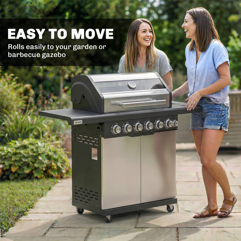 Outsunny 6+1 Burner Gas BBQ Grill, Outdoor Barbecue Trolley with Wheels, Warming Rack, Thermometer, Bottle Opener, Silver Tone