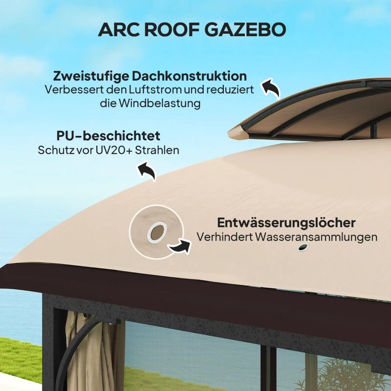 Outsunny Gartenpavillon, 3,3 x 4 m Gartenzelt mit Netz-Vorhängen, zweistufiges Dach, Kunstleder-Bezug, Metallrahmen, Khaki