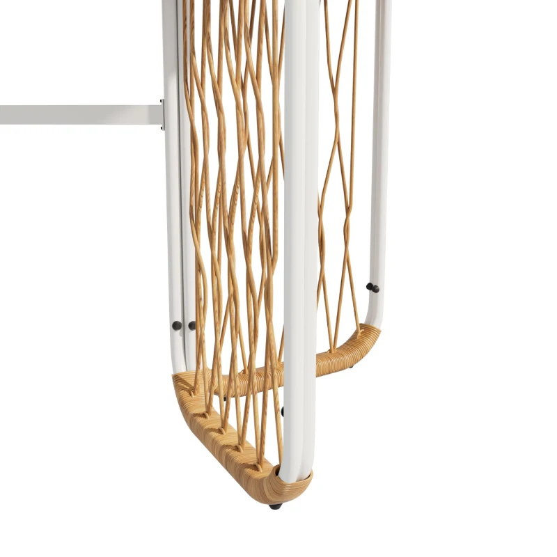 Modernes 7-teiliges Gartenmöbel-Set, weißes Eisengestell mit geflochtenen Armlehnen, 1 Tisch + 6 Stühle, Beige+Naturfarbe