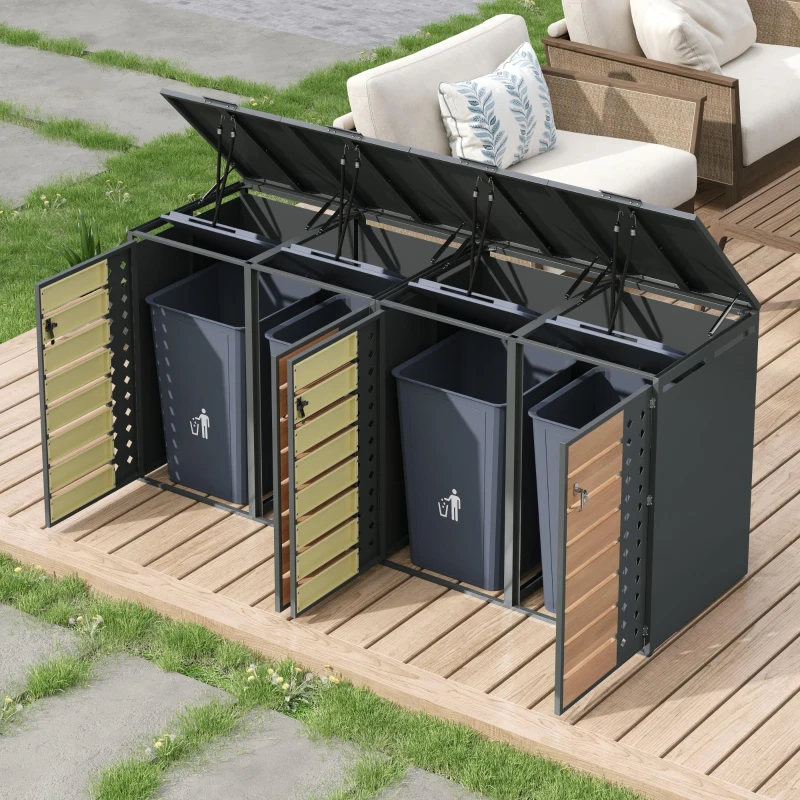 Mülltonnenbox mit 4‑fach Aufbewahrung, rautenförmiger Seitenperforation für Belüftung, 264x80x118,5 cm, Grau+Naturfarbe