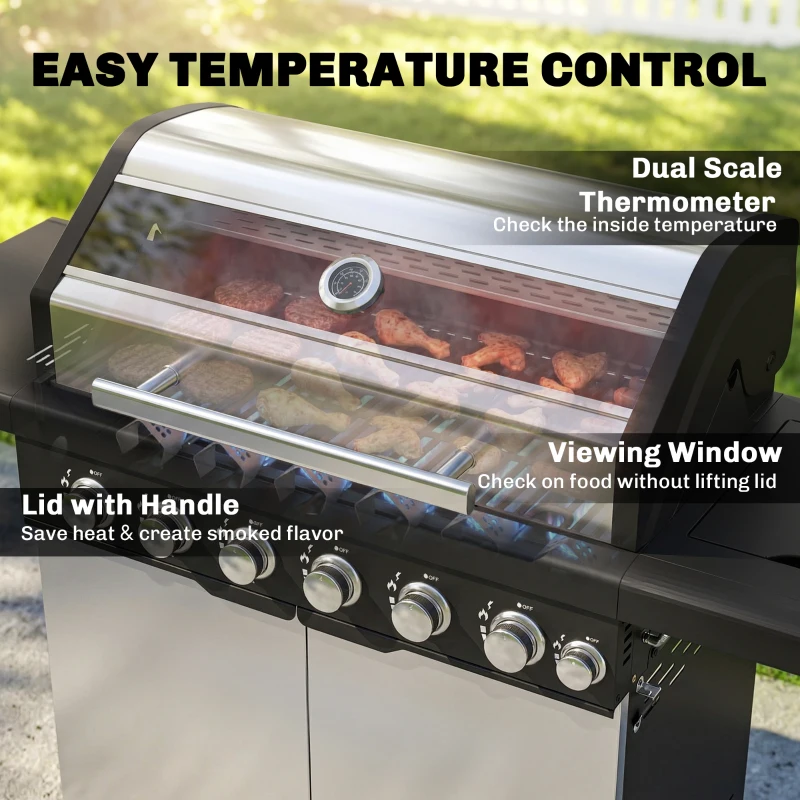 Outsunny 6+1 Burner Gas BBQ Grill, Outdoor Barbecue Trolley with Wheels, Warming Rack, Thermometer, Bottle Opener, Silver Tone