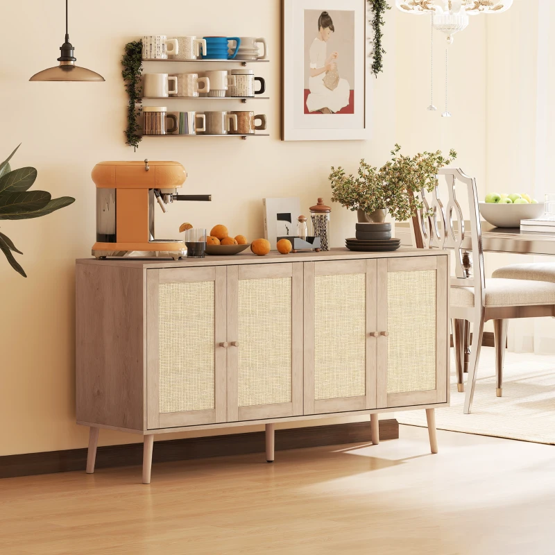 HOMCOM Bufet pentru living, mobilier de depozitare cu uși cu împletitură (cannage) și poliță reglabilă 140 x 40 x 75 cm, aspect lemn natural