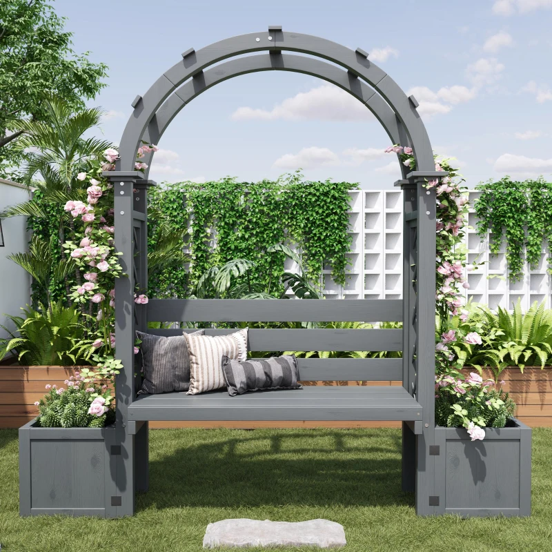 Banco-pérgola con maceteros y enrejado curvado, función triple: banco, macetero y soporte para trepadoras, 160x30,5x160 cm, Gris