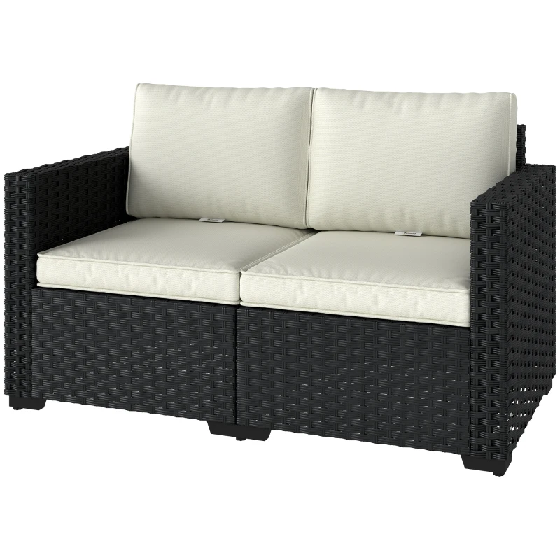 Outsunny 2 Seater Rattan Sofa, Outdoor Garden Sofa with Deep Seat, Cushions, Wide Armrests for Patio, Balcony, Porch, Black