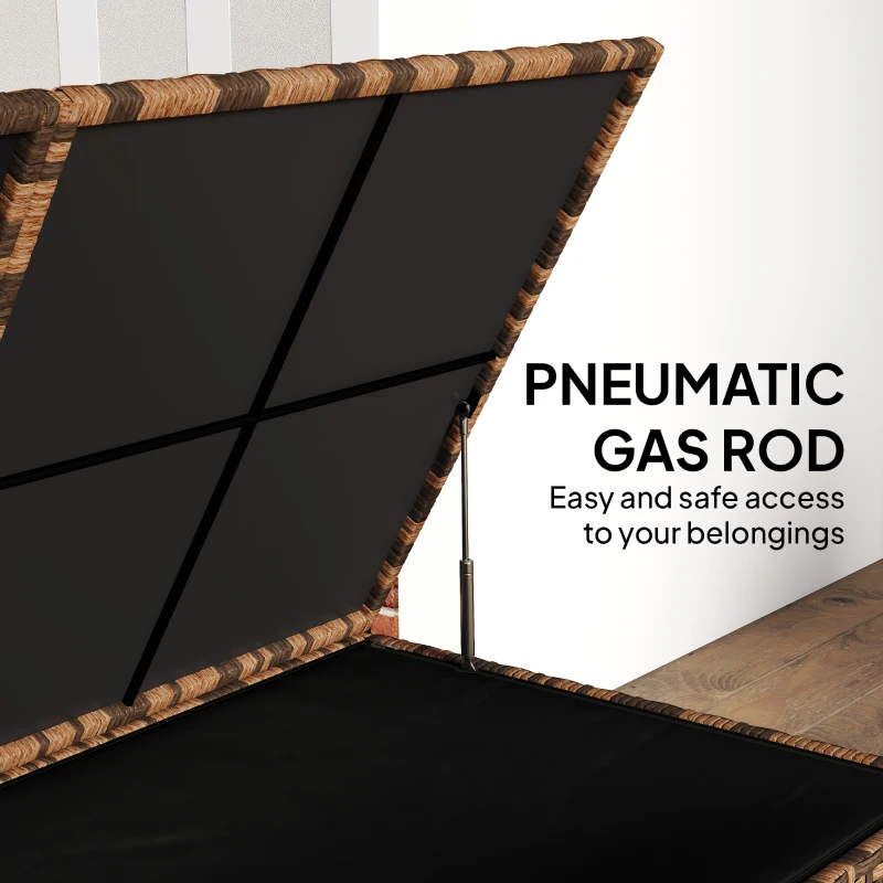 Outsunny 650L Garden Storage Box with 2 Wheels, Rattan Deck Box with Waterproof Zipped Liner, Safe Pneumatic Rods, Mixed Brown