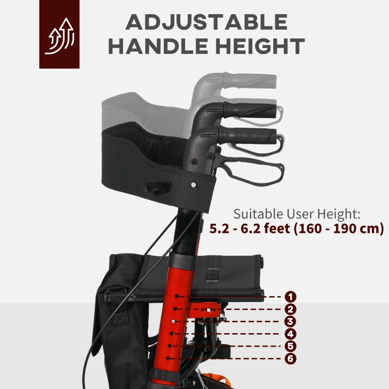 HOMCOM Lightweight Walking Frame, Rubber Wheels, Rollator Walker with Seat and Wheels with Adjustable Handle, Bag, Red