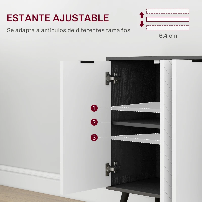 HOMCOM Aparador de 4 Puertas Aparador de Salón Estantes Ajustables Patas de Madera para Cocina Blanco y Negro 120x35x77,4 cm