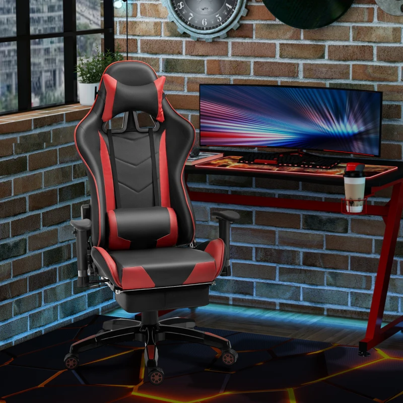 HOMCOM Chaise gaming fauteuil de bureau revêtement synthétique hauteur réglable repose-pieds télescopique 69 x 70 x 134 cm noir