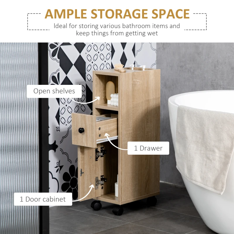 kleankin Armario de Baño con Ruedas Mueble Auxiliar para Baño con Estante Abierto Puerta y Cajón 18x30x68,5 cm Roble