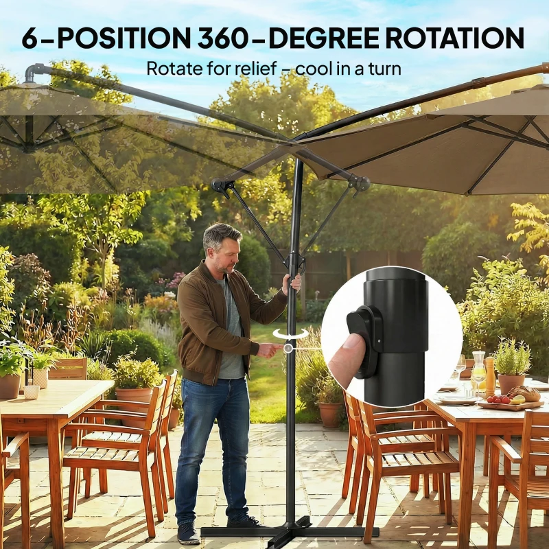 Outsunny 3 m Garden Cantilever Parasol with Cover, Round Overhanging Umbrella with 360° Rotation, Tilt, Khaki