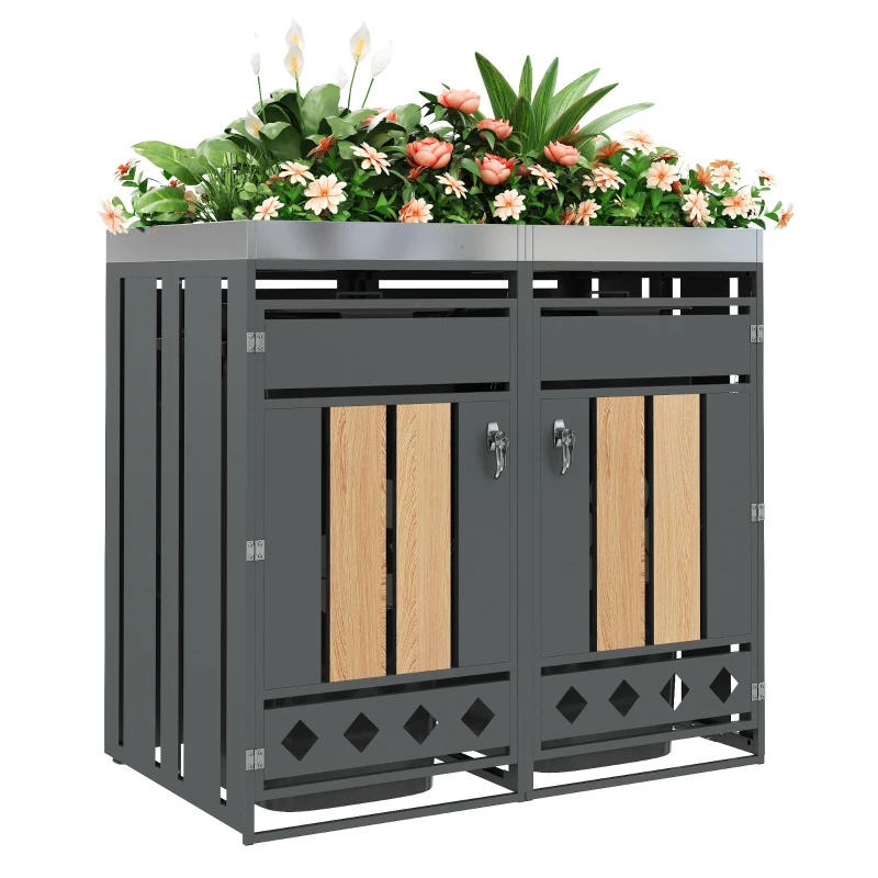 Mülltonnenbox mit integriertem Pflanztrog, abschließbar, für 2 Standard‑Mülltonnen, 132x80x124,5 cm, Grau+Naturfarbe