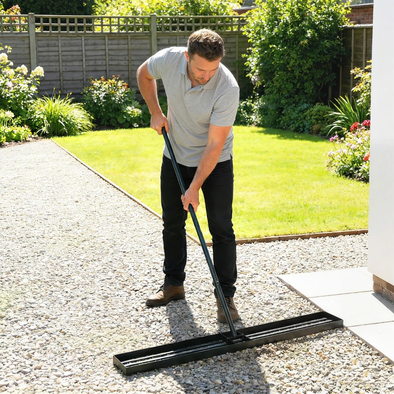 Outsunny Lawn Levelling Rake, 113 x 26 cm Lawn Leveller Lute with 169 cm Handle for Grass Soil Sand Yard Golf Course