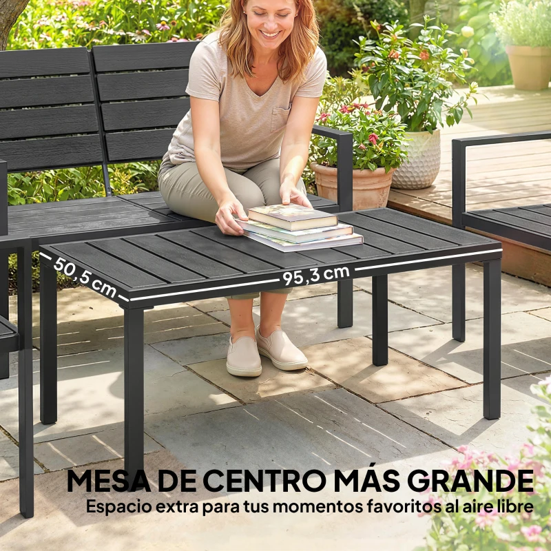 Outsunny Conjunto de Muebles de Jardín para 4 Personas con Sofá de 2 Plazas 2 Sillones Mesa de Centro Negro