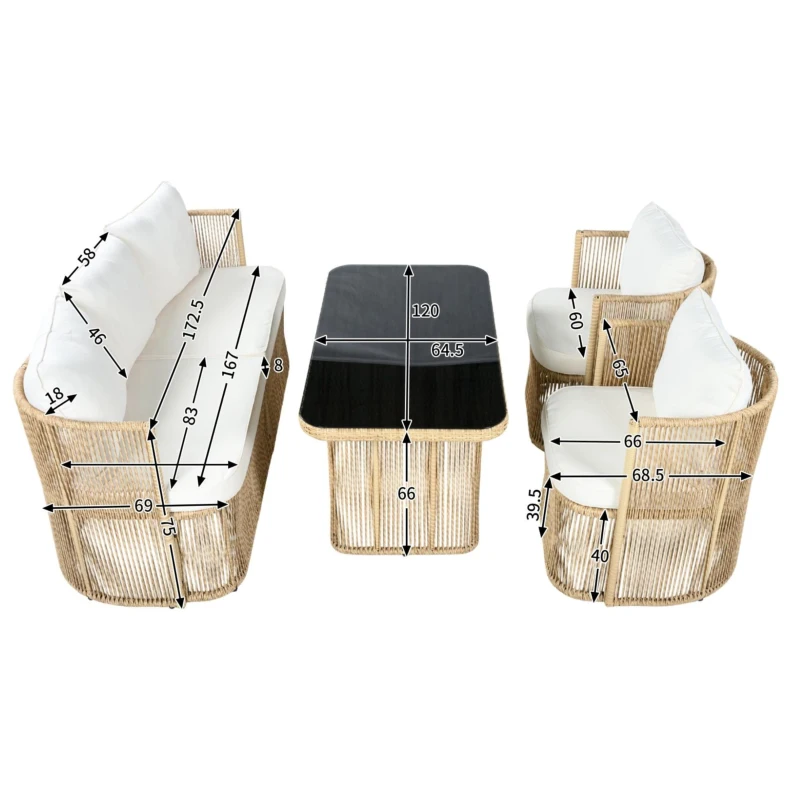 5-teiliges PE‑Rattan-Gartenmöbel-Set, 3‑Sitzer-Sofa, 2 Sesseln und Glastisch, Beige+Schwarz+Weiß