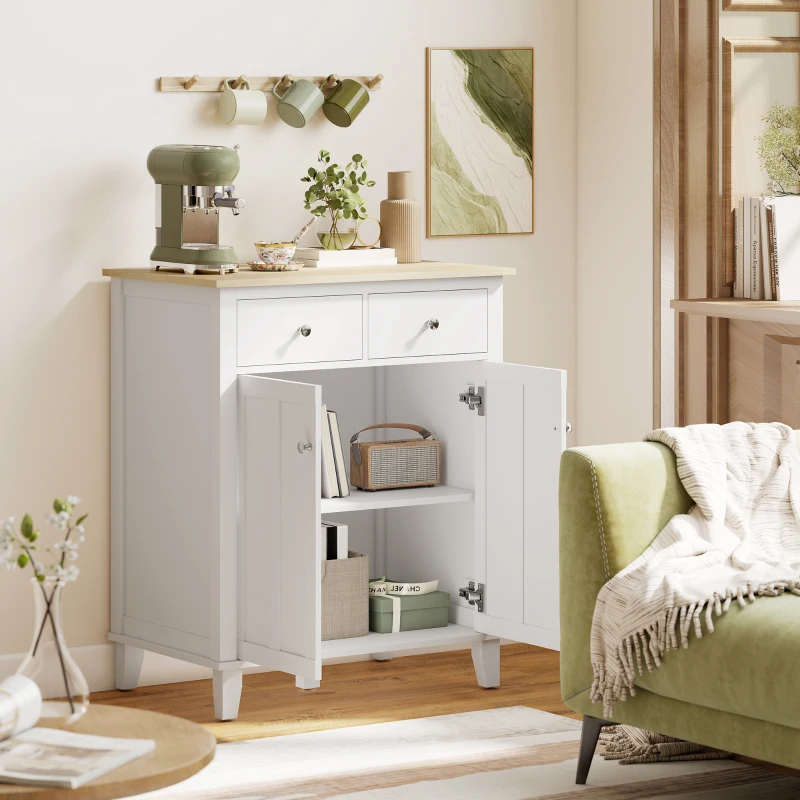 HOMCOM Bufet de bucătărie mobilier de depozitare pentru dormitor, salon birou cu 2 uși 2 sertare 76 x 48 x 91 cm alb