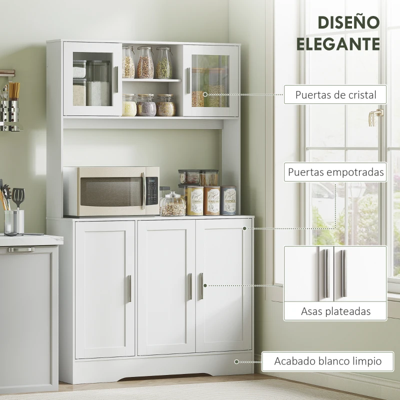 HOMCOM Alacena de Cocina con 2 Puertas de Vidrio Encimera Amplia para Microondas Estantes Ajustables 108x35x180 cm Blanco