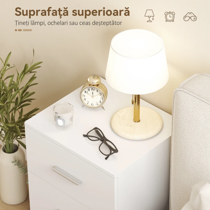 HOMCOM Noptieră pentru Dormitor cu 3 Sertare, Stil Modern din Lemn, Măsuță pentru Canapea, Sufragerie, Living și Dormitor, 40x35x60 cm, Alb