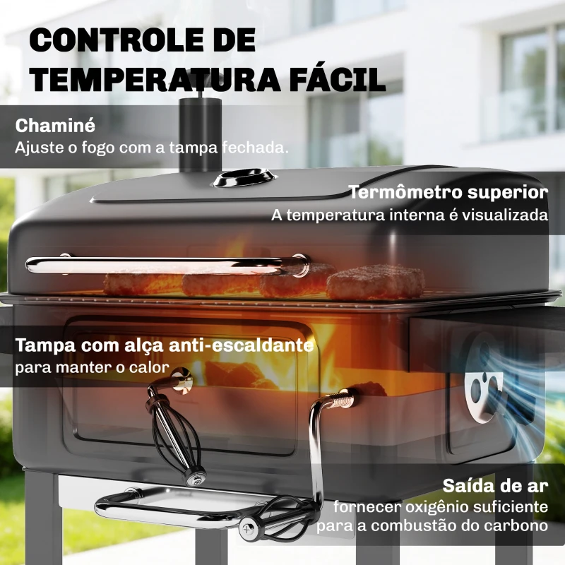 Outsunny Barbecue a Carvão Portátil com Bandeja e Ventilação Ajustável Grelha Grande Prateleiras Laterais Termómetro 112x65x115 cm Preto