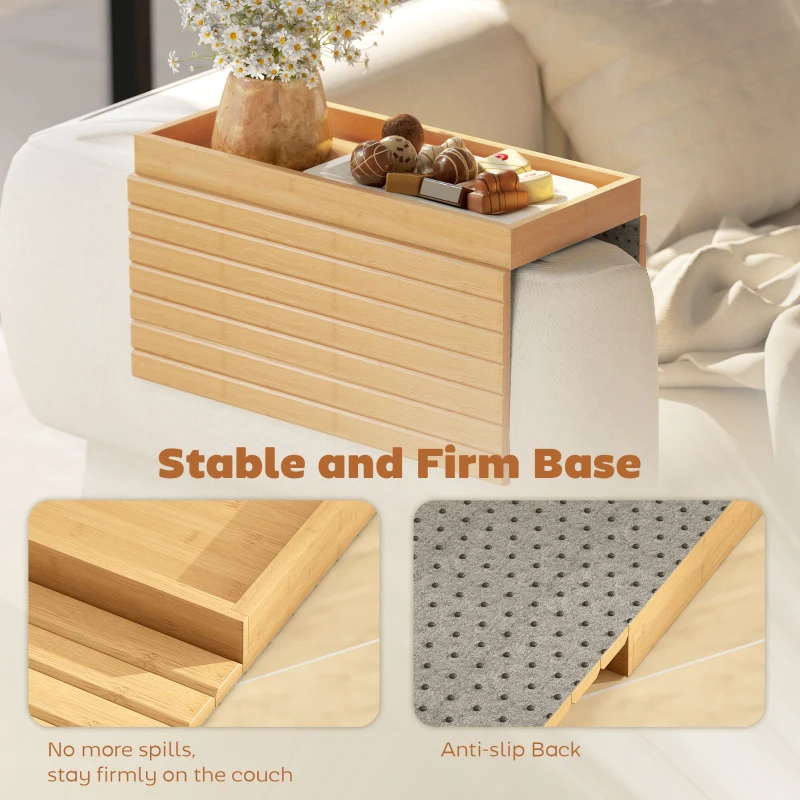 HOMCOM Tavă pentru Brațul Canapelei din Lemn de Bambus, Tăviță Flexibilă cu Tavă, Culoare Lemn