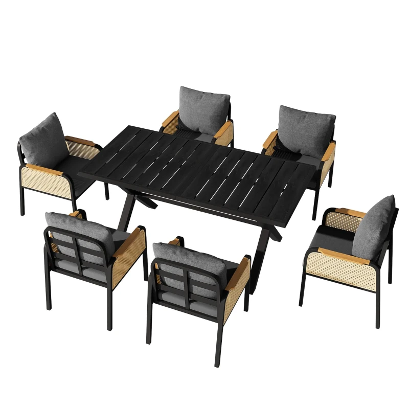 Modernes 6-teiliges Garten- und Terrassen-Esstisch-Set, kreuzförmigem Eisengestell, Schwarz+Naturfarbe