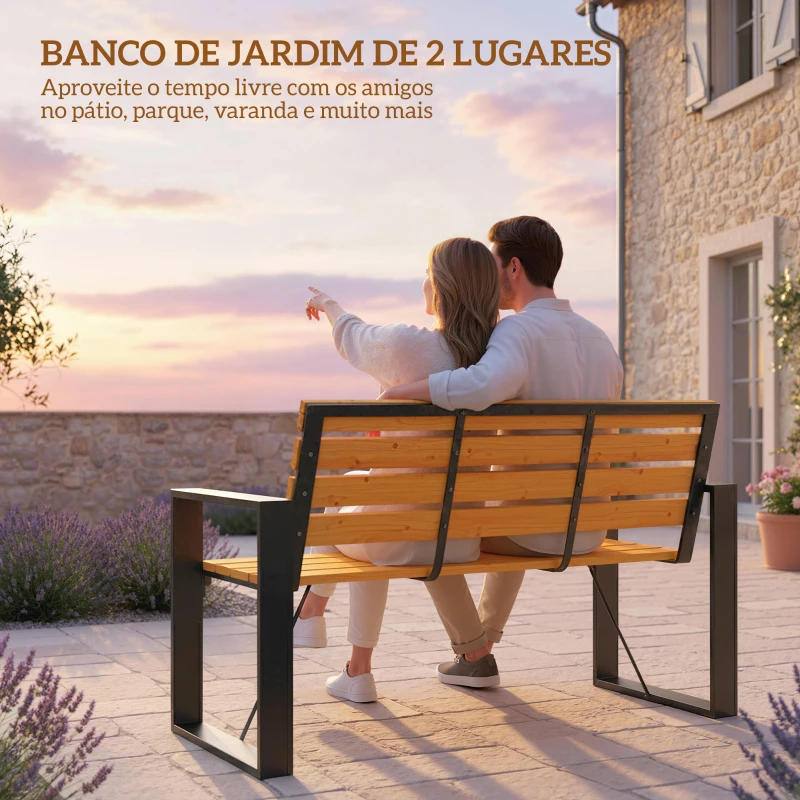 Outsunny Banco de Jardim Exterior de 2 Lugares com Encosto e Assento Ripado em Madeira e Estrutura de Aço 136x54x82 cm Madeira