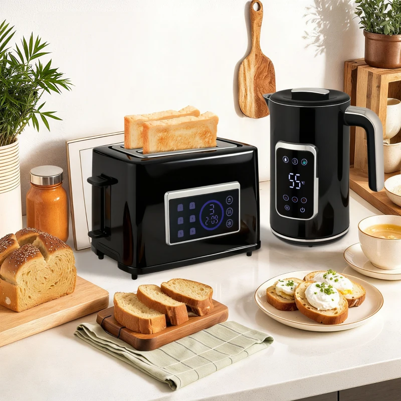 HOMCOM Touch Screen Kettle and Toaster Set - Black