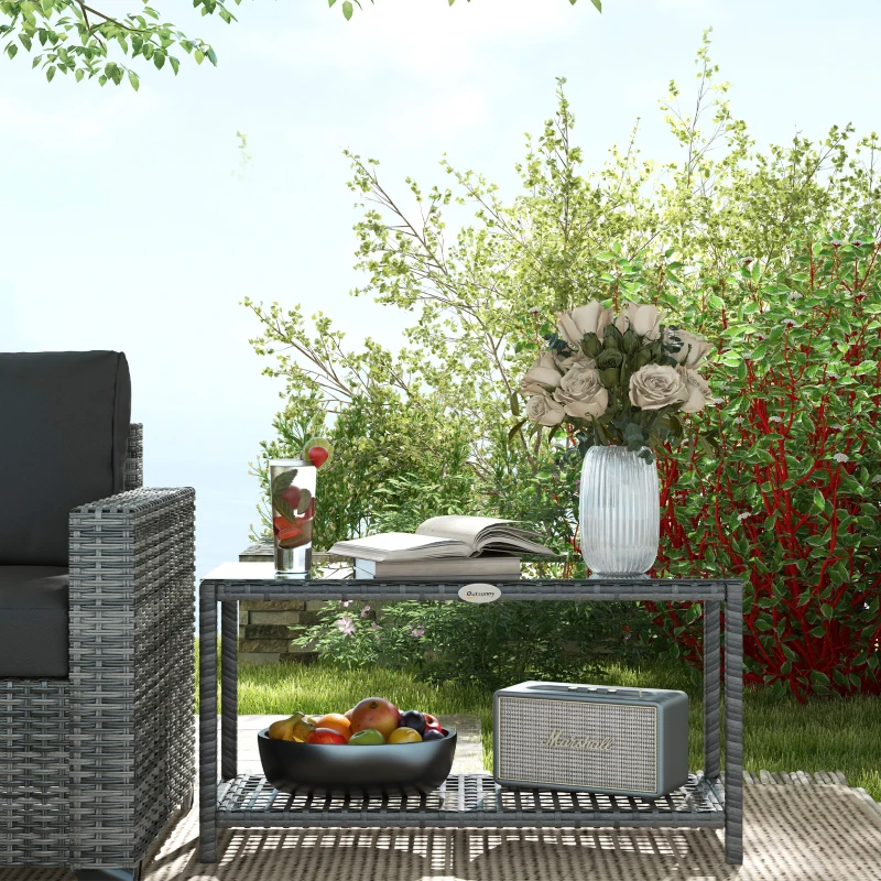 Outsunny Table d'appoint de jardin table basse rectangulaire en résine tressée plateau verre trempé dim. 80L x 30l x 40H cm gris