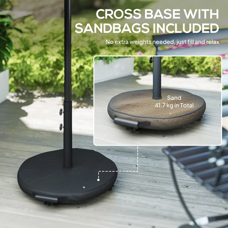 Outsunny 2.7 m Garden Parasol Umbrella with Cross Base and Sandbag, Retractable Ribs, Outdoor Table Market Umbrella, Green