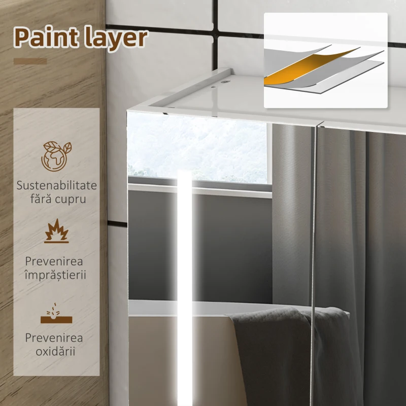 kleankin Dulap de Baie cu Oglinda cu LED,  Alb Lucios