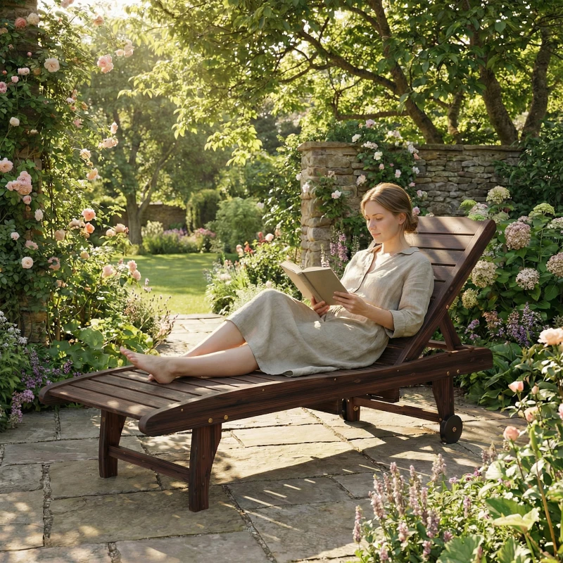 Outsunny Outdoor Wooden Sun Lounger with Built-In Table, Carbonised Finish