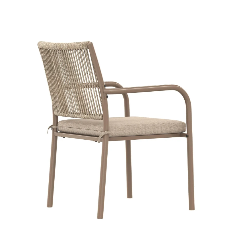 Conjunto de muebles de jardín moderno de 5 piezas, mesa redonda con tablero de vidrio templado, 4 sillas con reposabrazos y respaldo de cuerda, Marrón