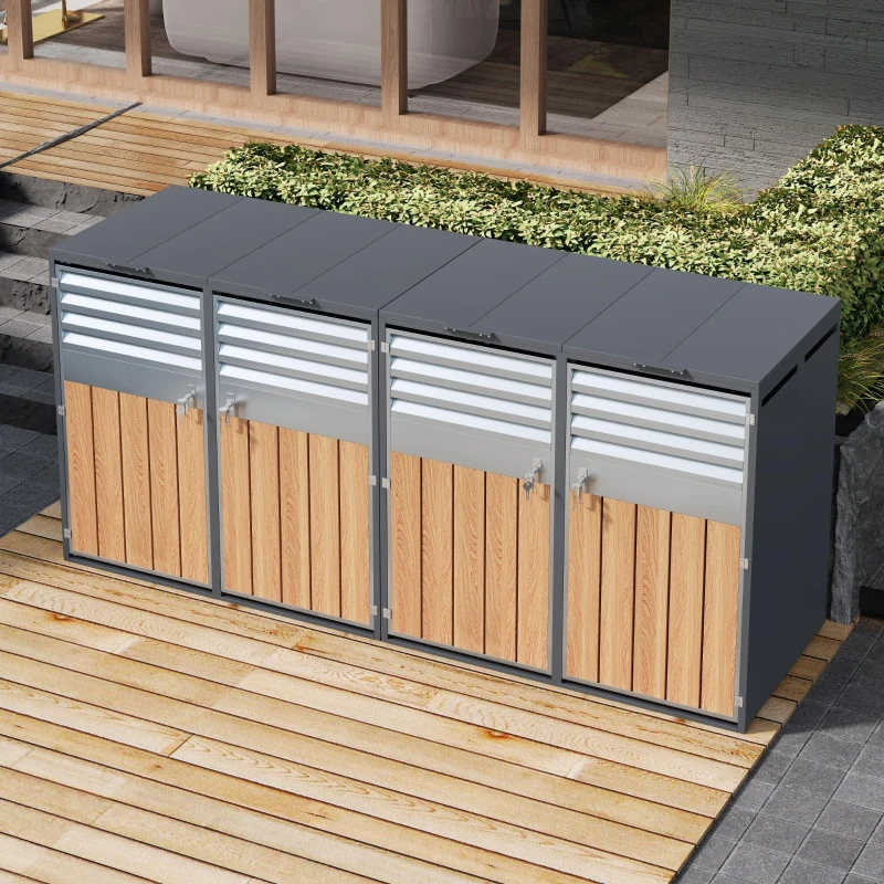 Mülltonnenbox mit hydraulischem Klappdeckel, 4-türiges Aufbewahrungsmodul, Lüftungslamellen, 264x80x118,5 cm, Grau+Naturfarbe