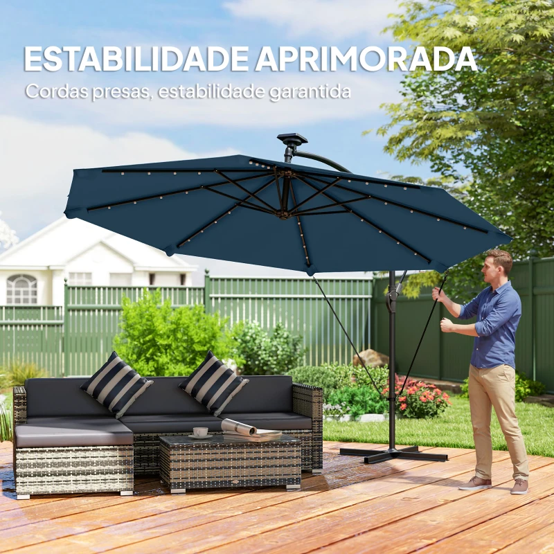 Outsunny Chapéu de Sol Excêntrico com Luzes LED Solares Ø345 cm Base Cruzada Manivela Capa Protetora Azul