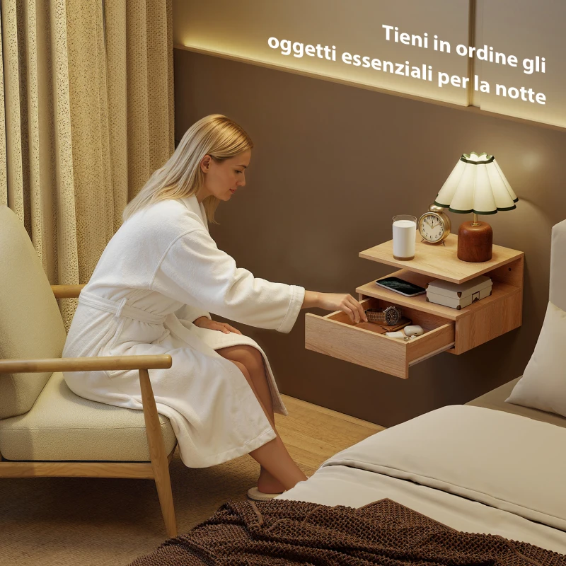 HOMCOM Set di 2 Comodini Sospesi con Cassetto e Mensola Aperta, 35x32x22.5 cm, Rovere