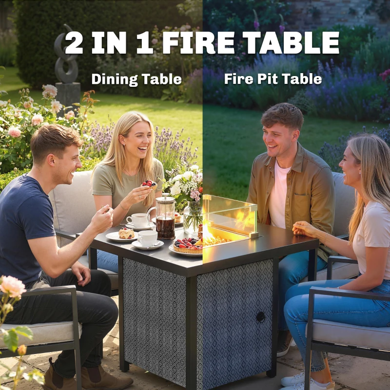 Outsunny Propane Gas Fire Pit Table for Garden, 11.7 KW Smokeless Firepit Outdoor Heater with Wind Guard, Glass Rocks, Lid, Black