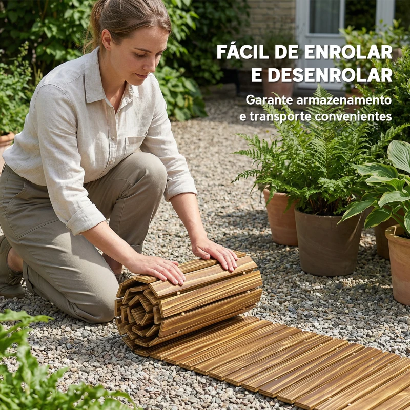 Outsunny Caminho de Ripas de Madeira Enrolável 120x38 cm Resistente às Intempéries, Decoração de Jardim para Praia e Festa - Acabamento Carbonizado