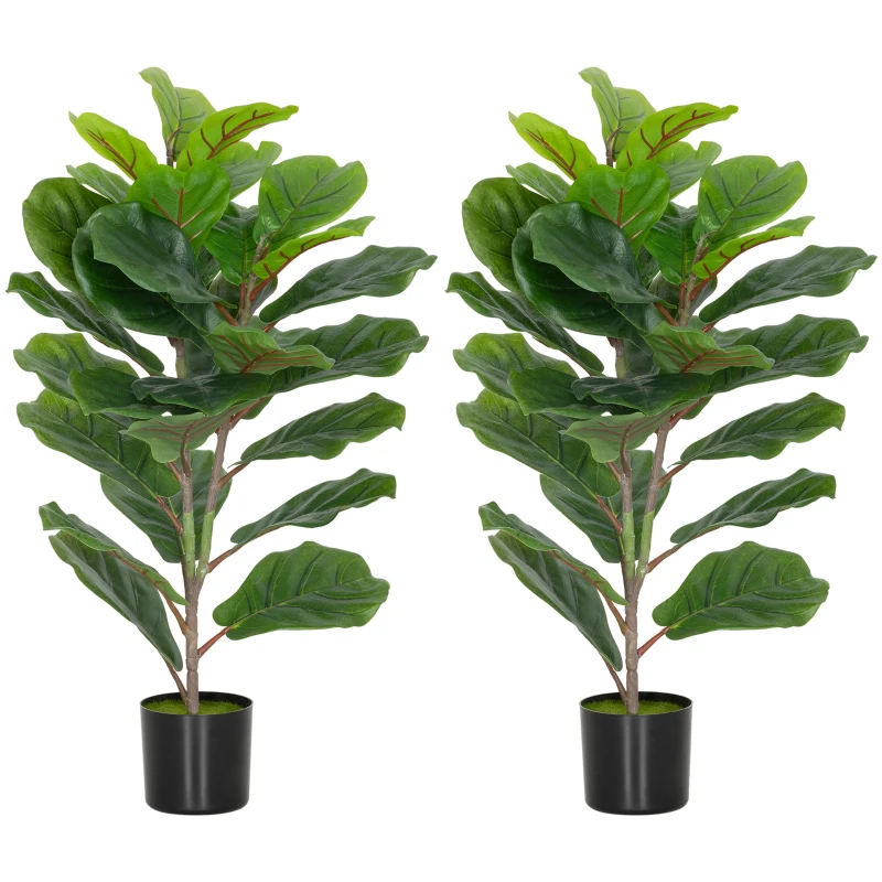 HOMCOM Set de 2 plante artificiale de interior 80 cm ficus lyrata arbore artificial cu ghiveci din plastic și sol flocat verde