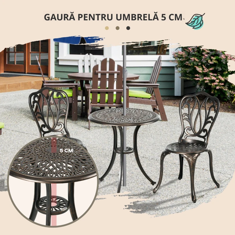 Outsunny Set Mobilier Grădină 2 Persoane 2 scaune și Masă Rotundă stil retro din aluminiu turnat, bronz