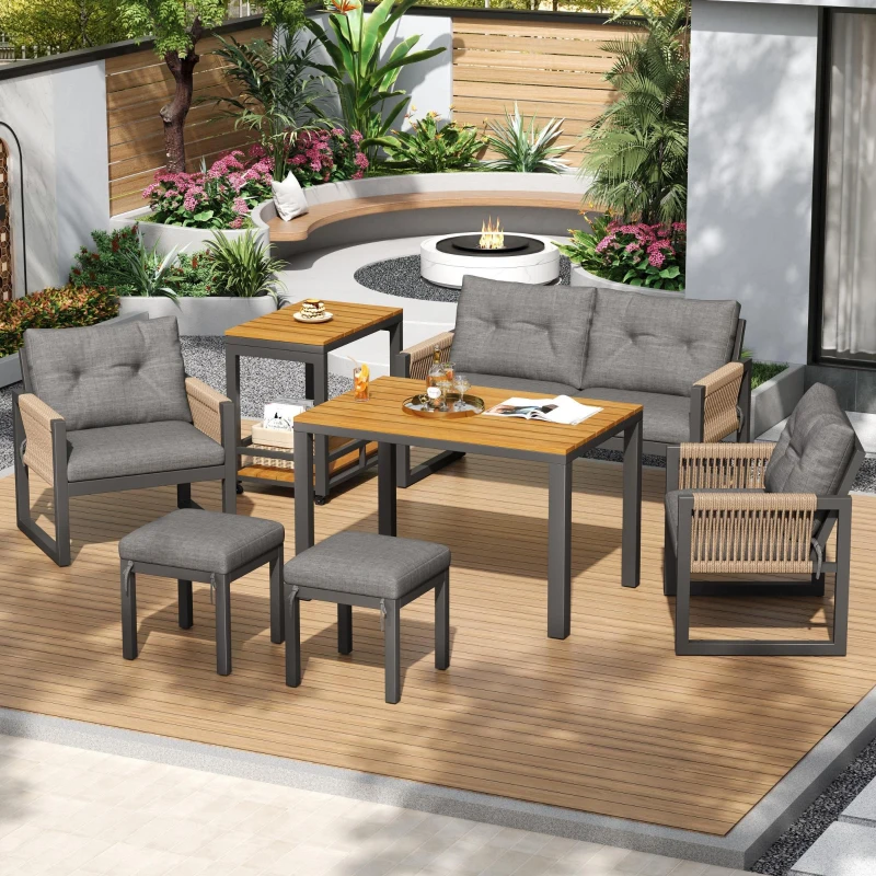 Set de sofá moderno para exterior, mesa desmontable, reposabrazos trenzados y cojines de asiento gruesos, Gris+Color natural