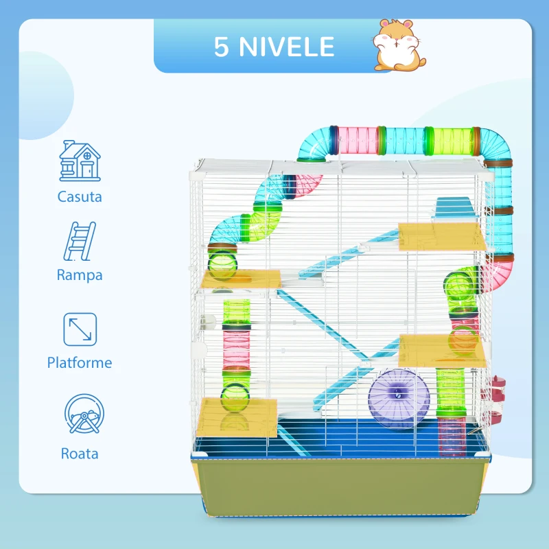 PawHut Cușcă pentru hamsteri cu 5 niveluri, cu tuburi, căsuță, rezervor de apă și roată, din oțel, PP și PS, 59x36x69 cm, albastră și albă